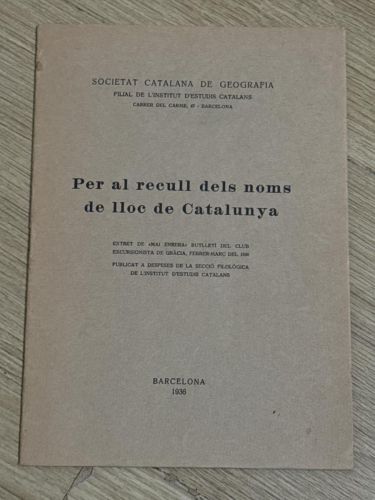 Portada del libro de Per al recull dels noms de lloc de Catalunya